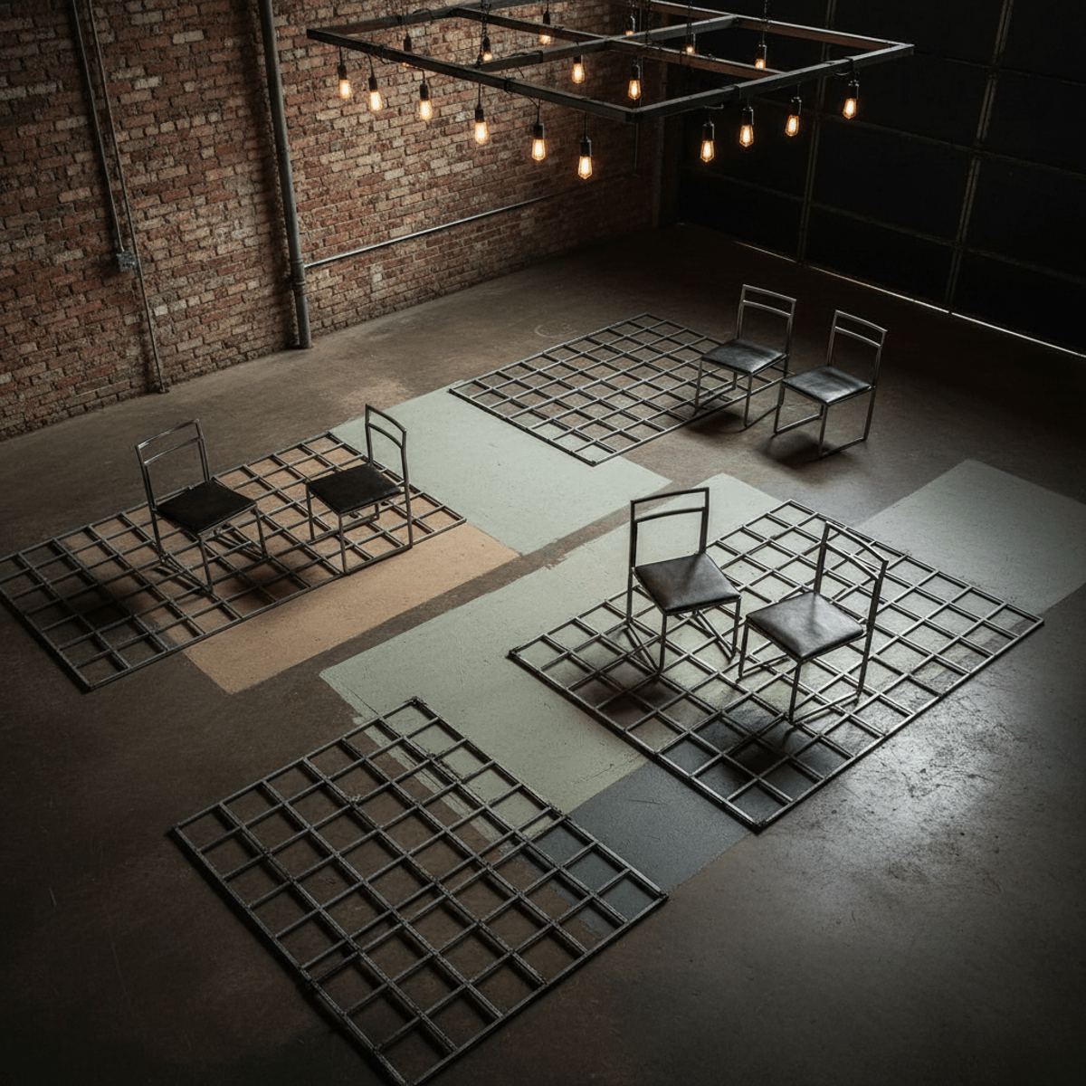Industrial floor with geometric stenciled patterns over polished concrete.