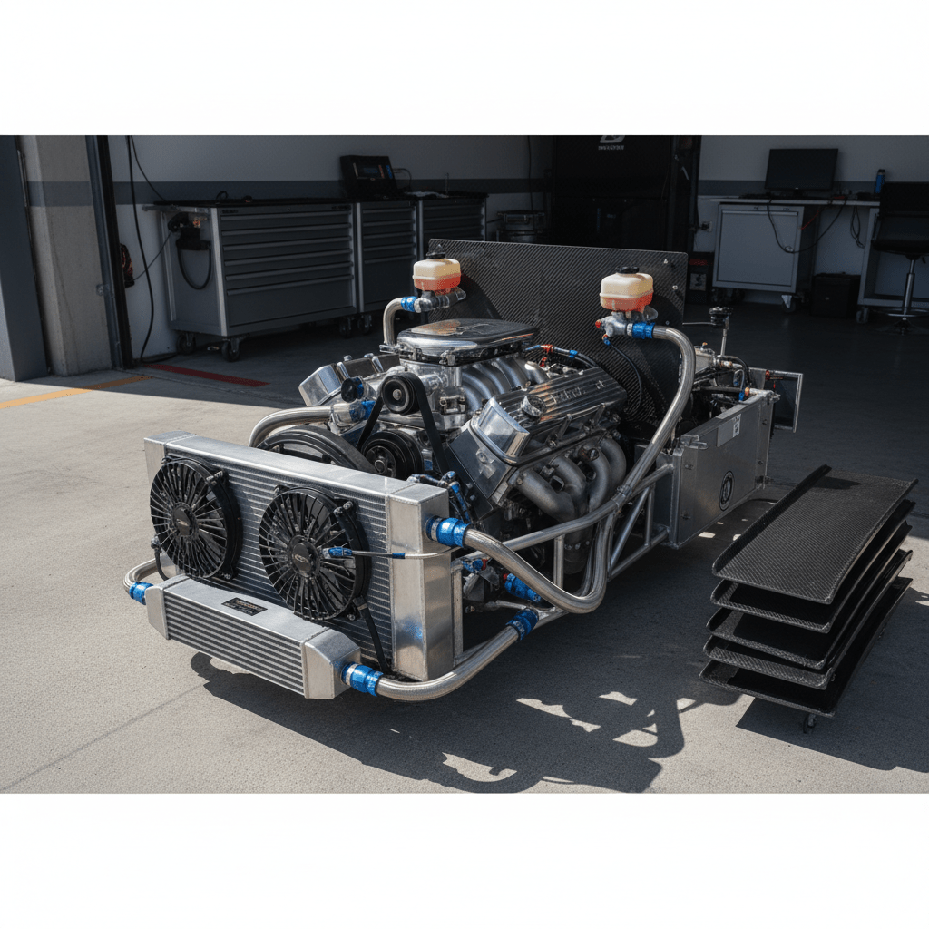 Stripped-down race car engine with aluminum radiator and braided stainless steel lines.