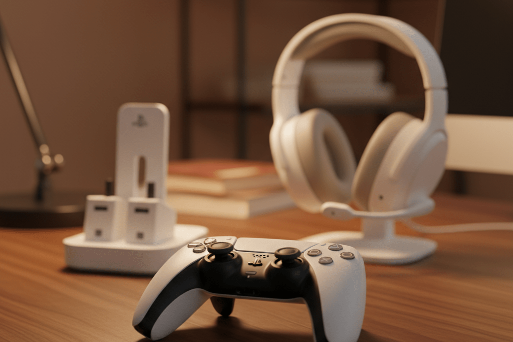 Detailed shot of a PlayStation controller, headset, and charging dock under warm ambient lighting, highlighting gaming accessory profits
