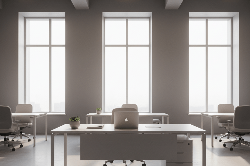 Empty desk with laptop, papers, and plant under natural light, representing corporate decision-making environments