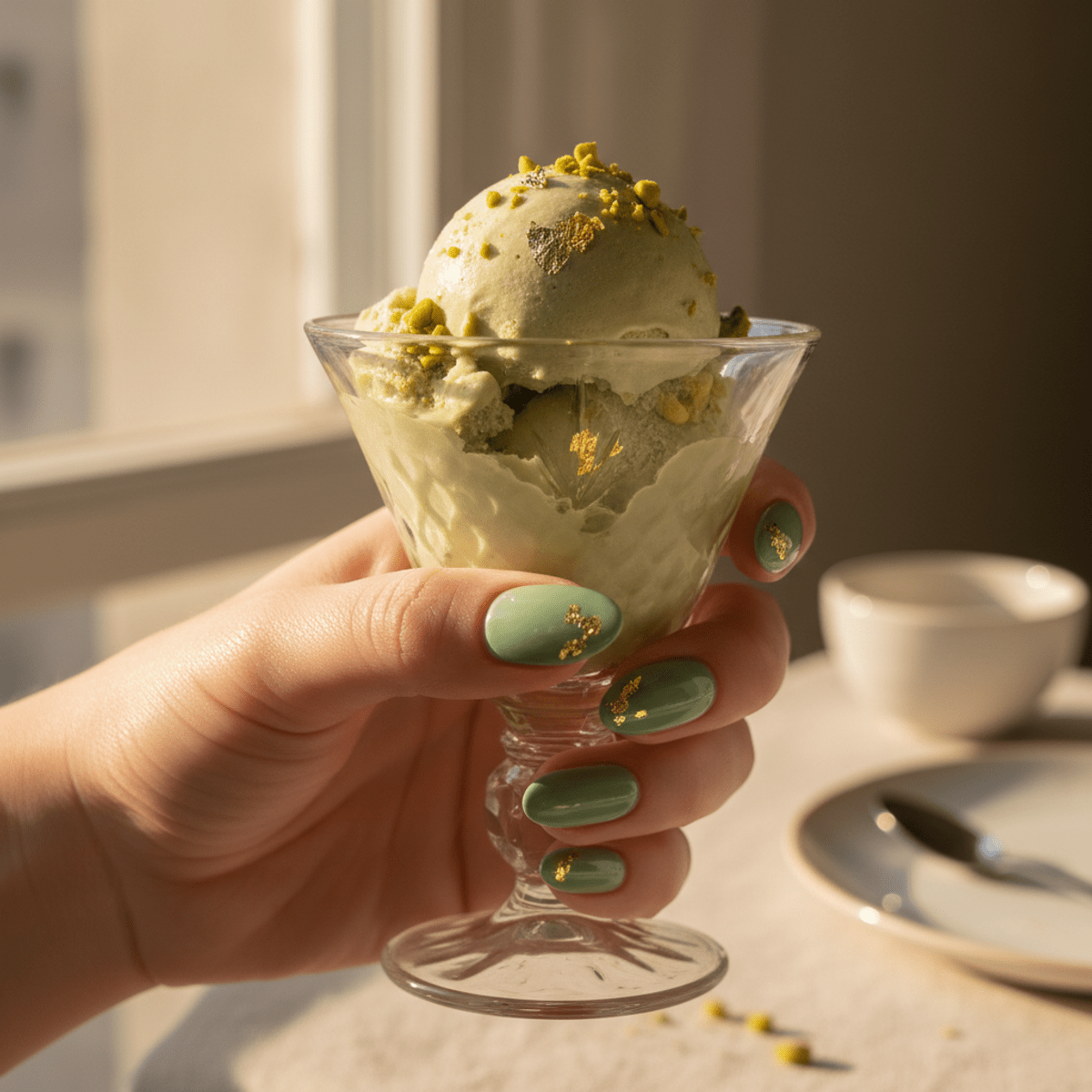 Pistachio ice cream manicure with gold leaf, holding a gelato dessert cup.