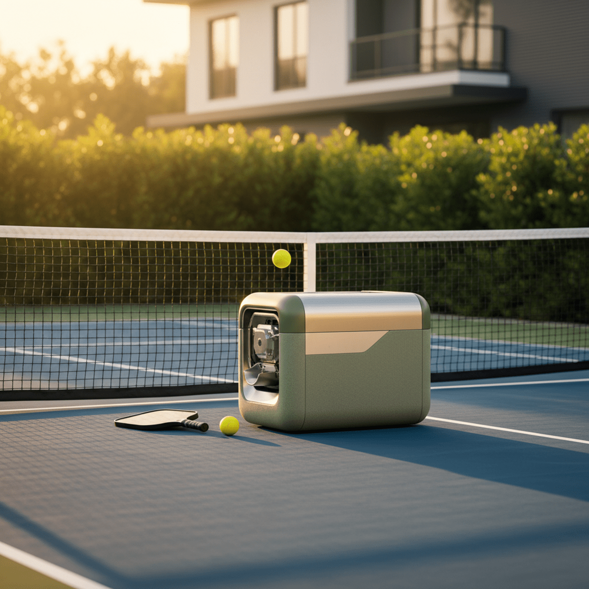 Modern pickleball machine with hidden motor on an outdoor court at golden hour.