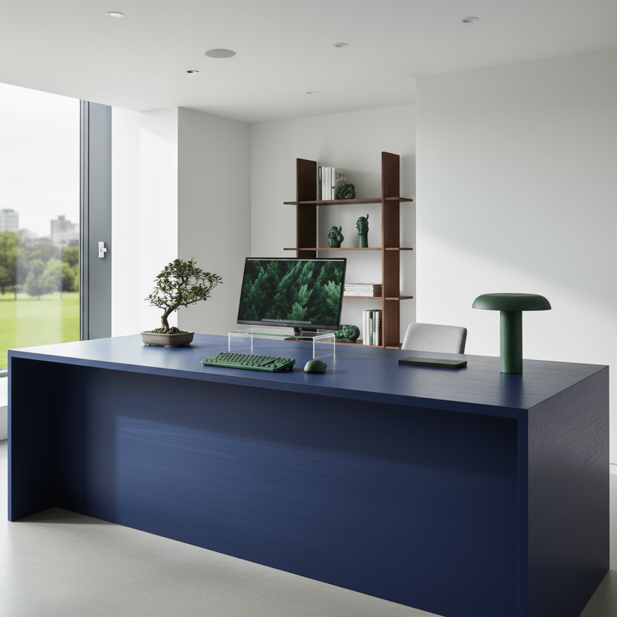 Luxurious matte navy blue epoxy countertop in a modern executive office with minimalist décor.