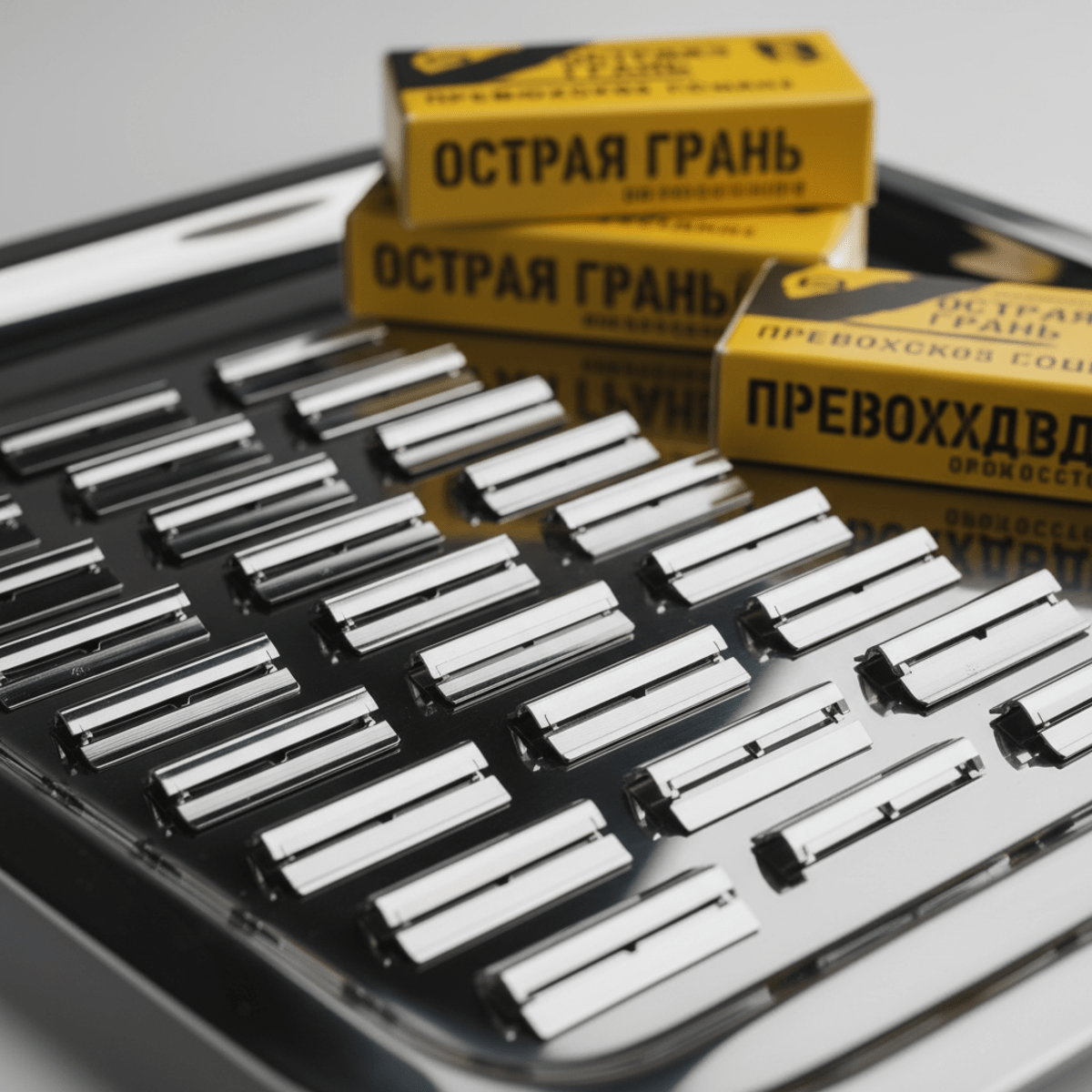 Sharp safety razor blades gleam on a reflective steel surface, studio lighting.