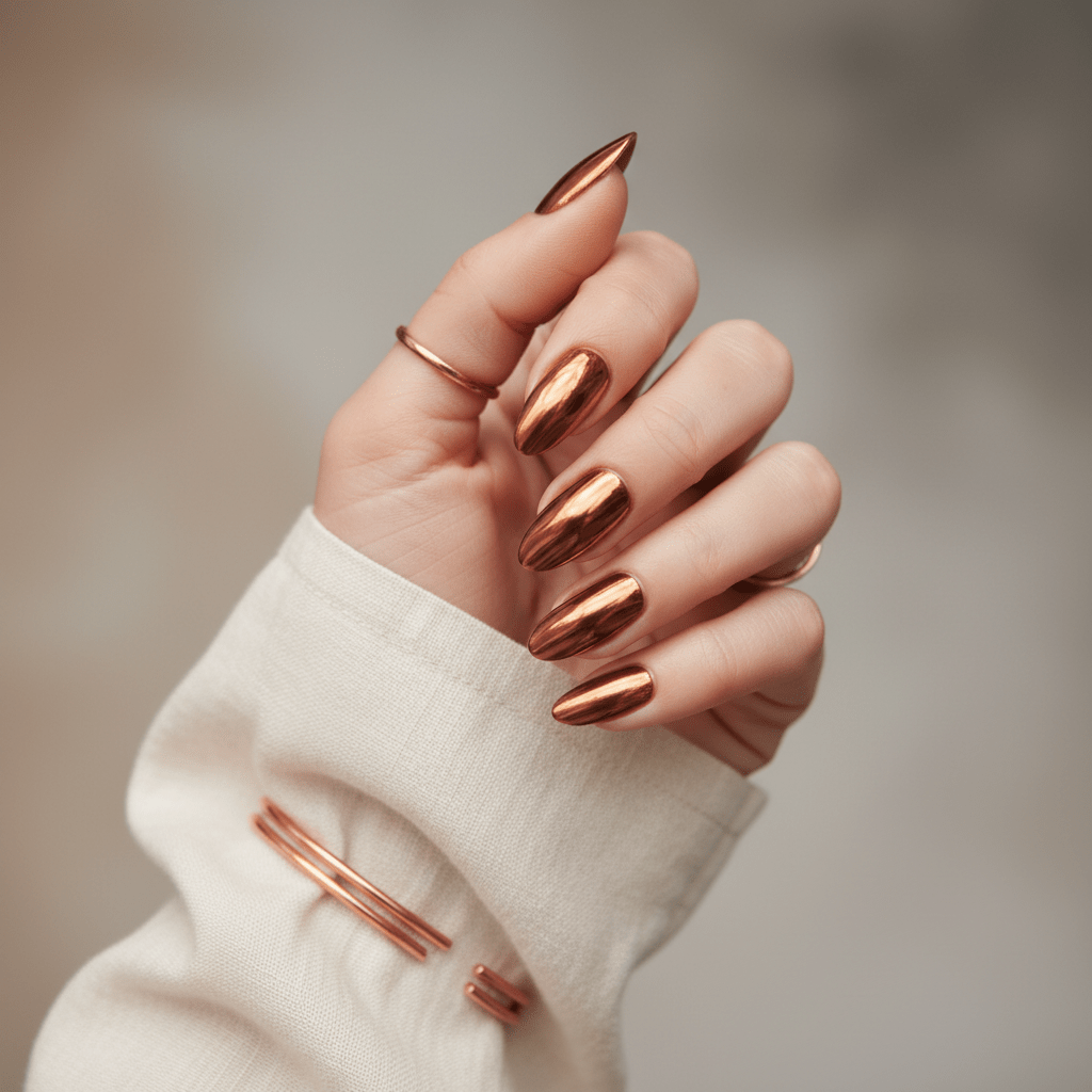 Hand showcasing molten bronze liquid metal nails with a high gloss finish.