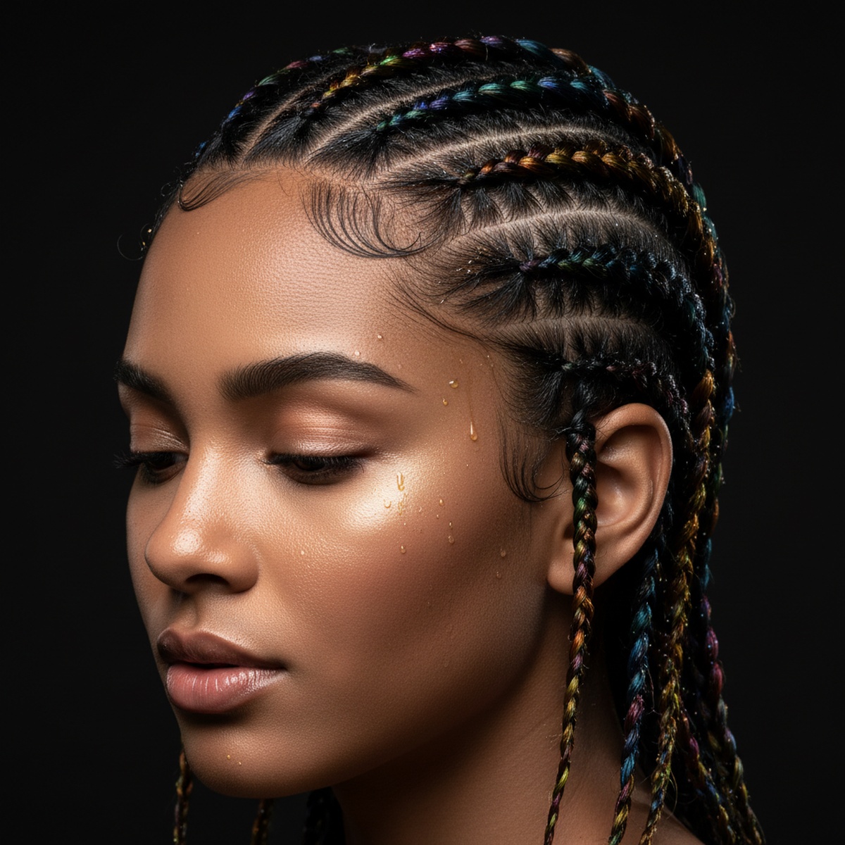 Model with rainbow-hued cornrows and twists, glowing with iridescent, shimmering pigments.