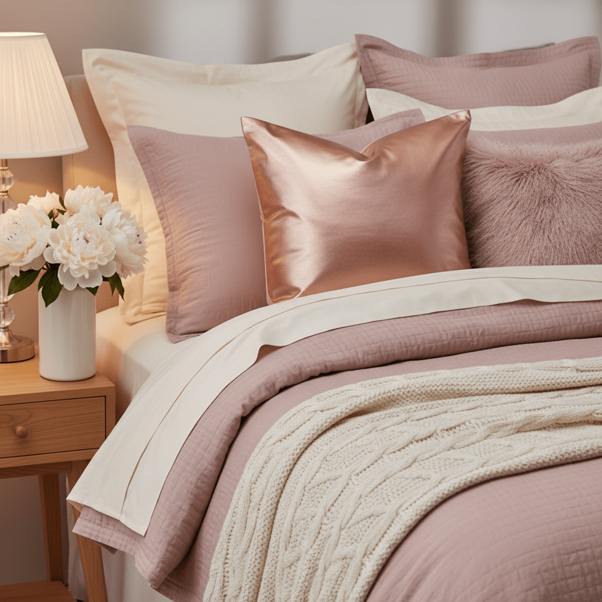 Rose-gold copper pillow on a blush pink bed with cozy knit throw.