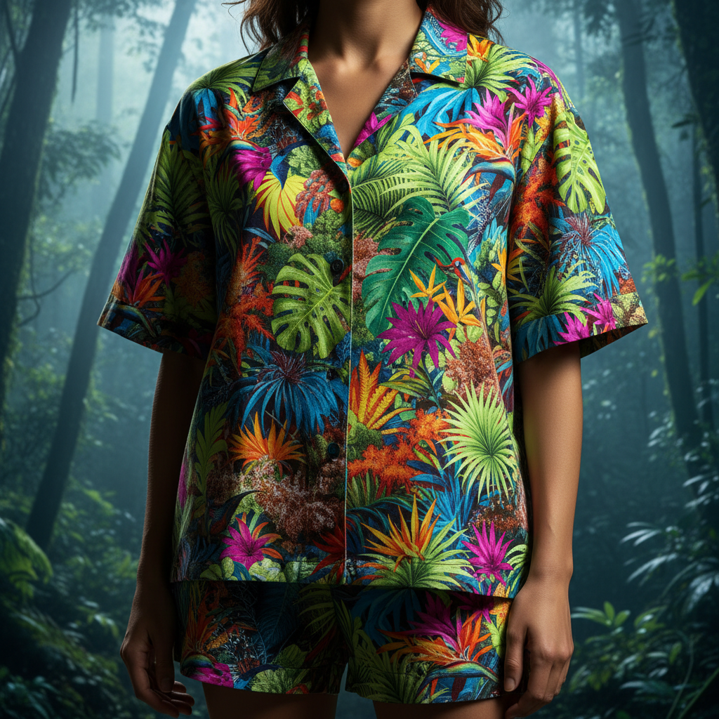 Model wears vibrant botanical print co-ords amidst a lush, misty rainforest.
