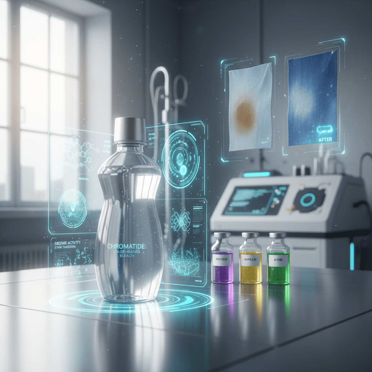 Futuristic lab with enzyme infographics and bleach for colored clothes.