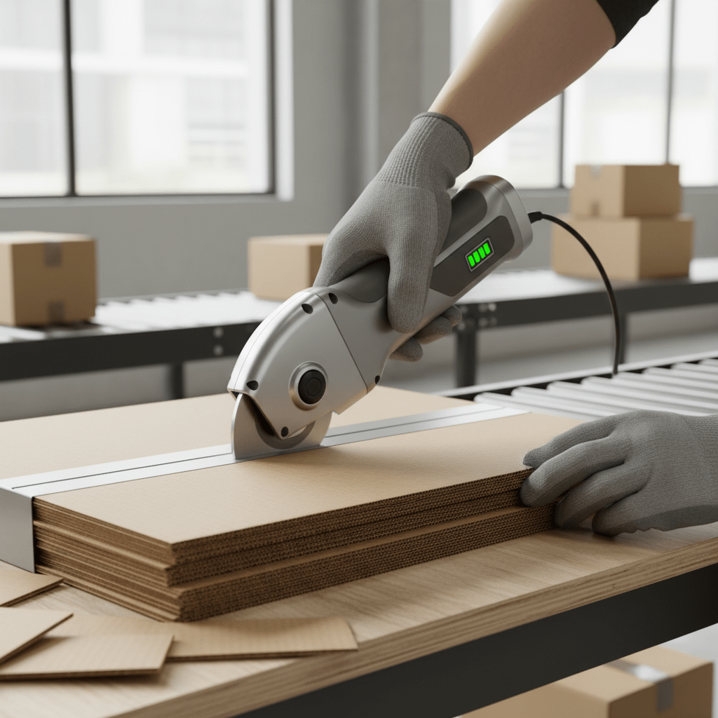 Handheld electric cardboard cutter making a precise cut on shipping boxes.