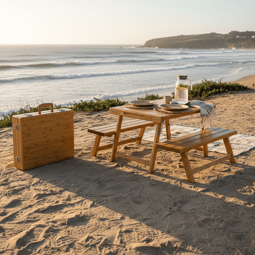 Sleek bamboo briefcase unfolds into a picnic table with seating on a coastal bluff.