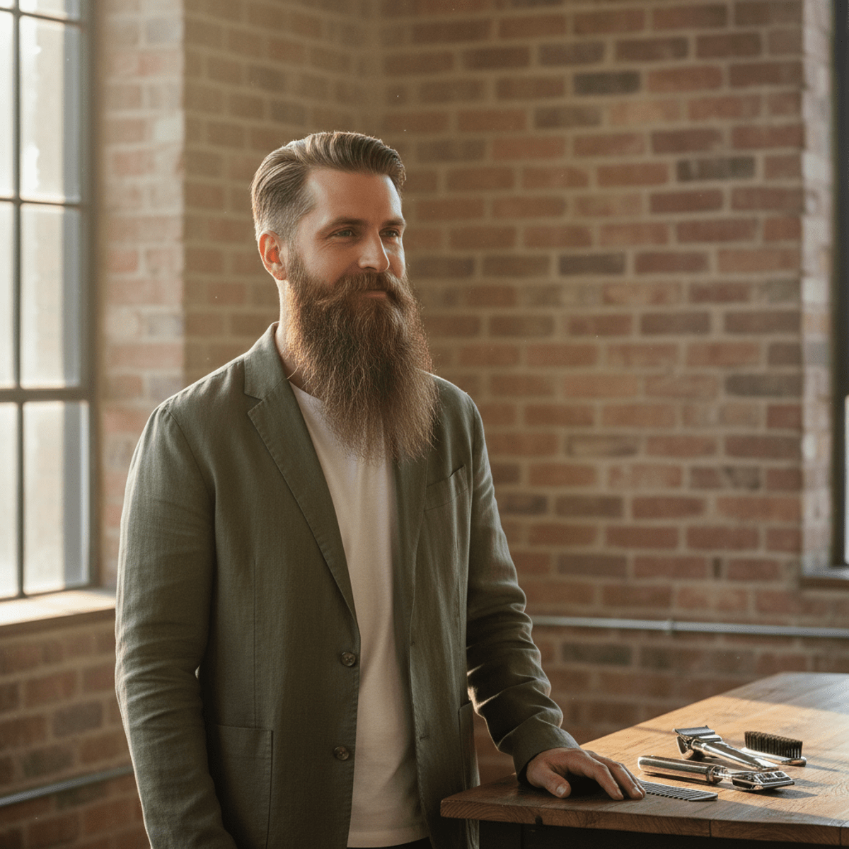 Creative professional with artistic long goatee styled using precision grooming tools.