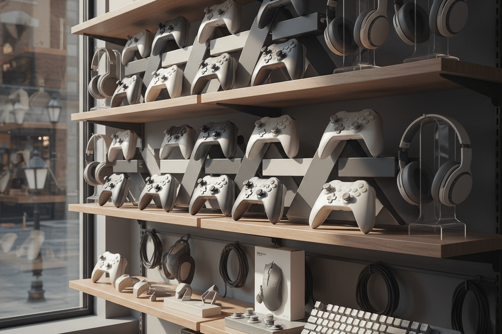 Organized gaming peripherals showcased in warm ambient light symbolizing retail adaptation to market shifts