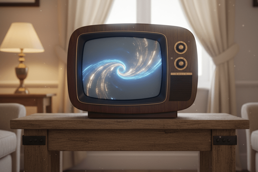 Medium shot of an old-fashioned TV glowing with abstract blue and gold light in a warmly lit living room, no people or branding visible