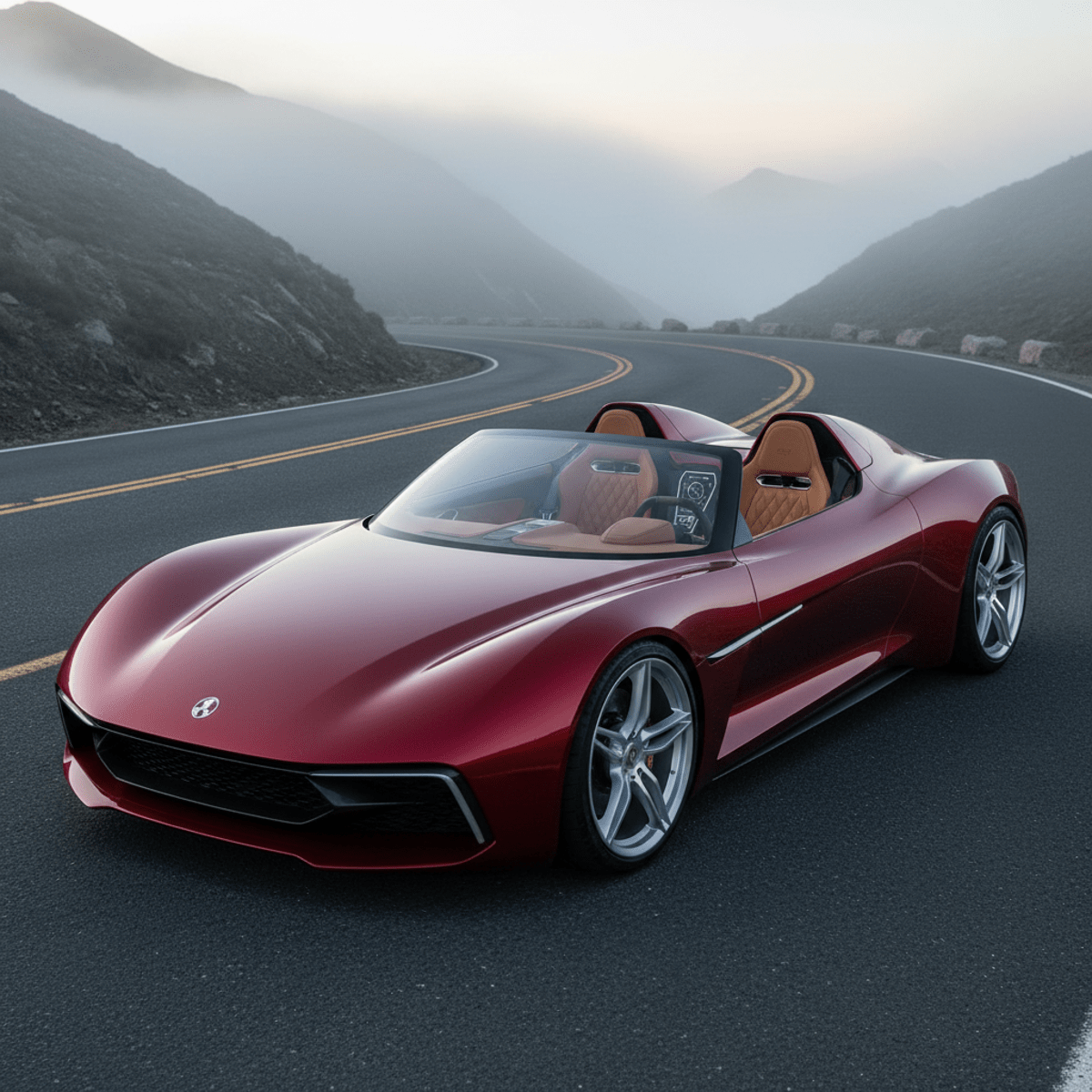 Glossy deep red roadster parked on a misty mountain pass with winding asphalt.