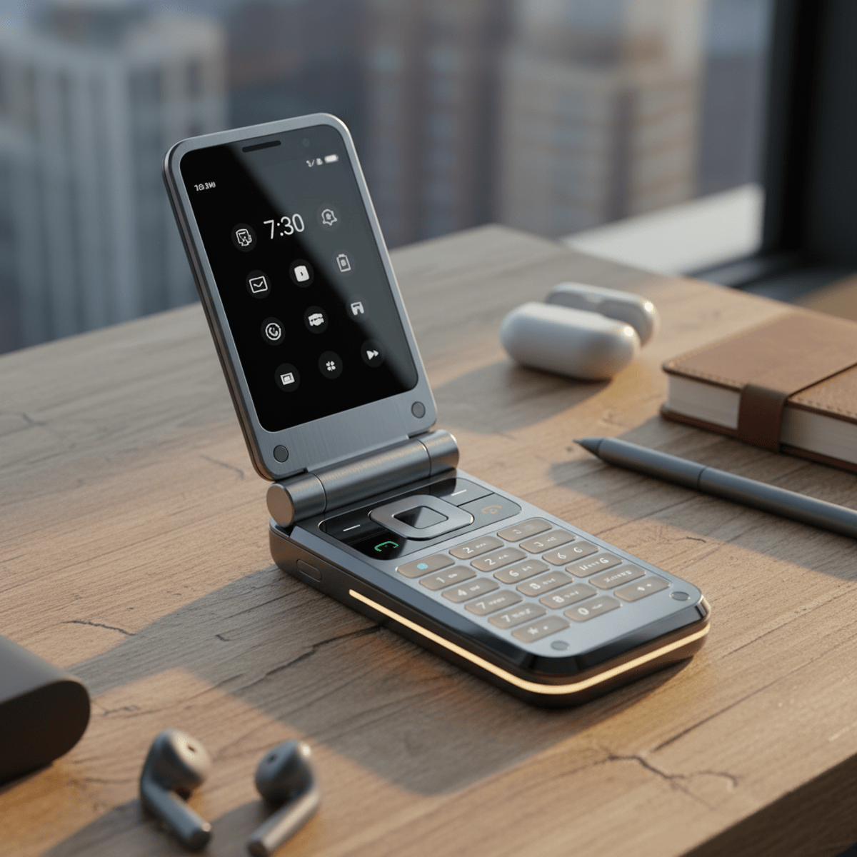 Elegant flip phone on desk bathed in golden sunlight, showing tactile keypad and illuminated screen.