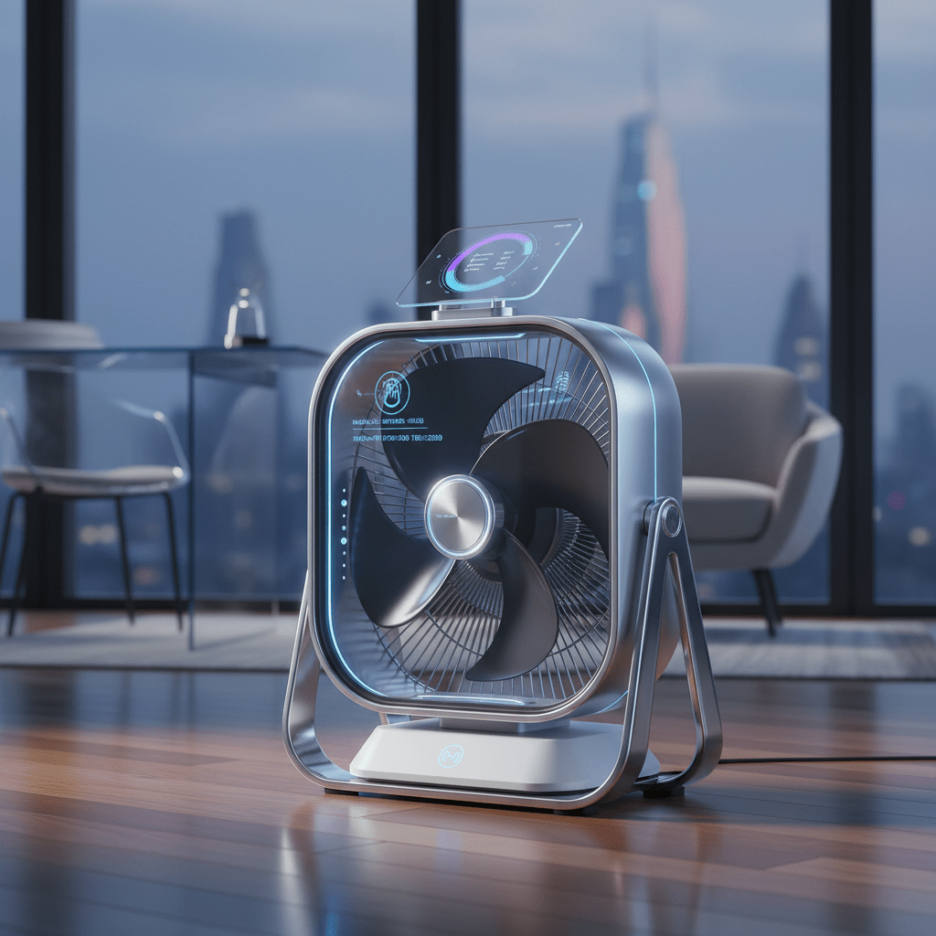 Smart box fan with temperature and occupancy sensors Futuristic smart box fan with transparent blades and embedded sensors on hardwood floor.