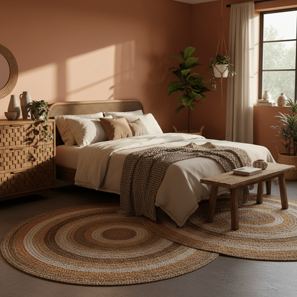 Sun-drenched bedroom with terracotta walls and natural textures.