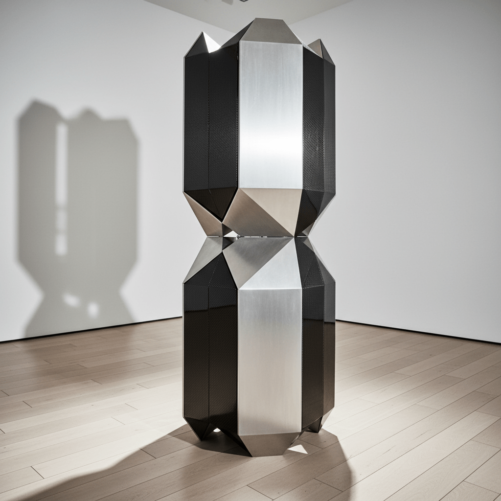 Modern geometric fan sculpture with brushed aluminum and carbon fiber textures.