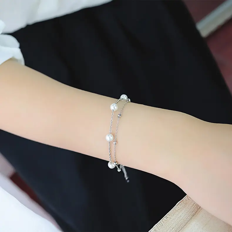 wholesale jewelry gift double layered silver rose gold stainless steel pearl chain bracelet for girl