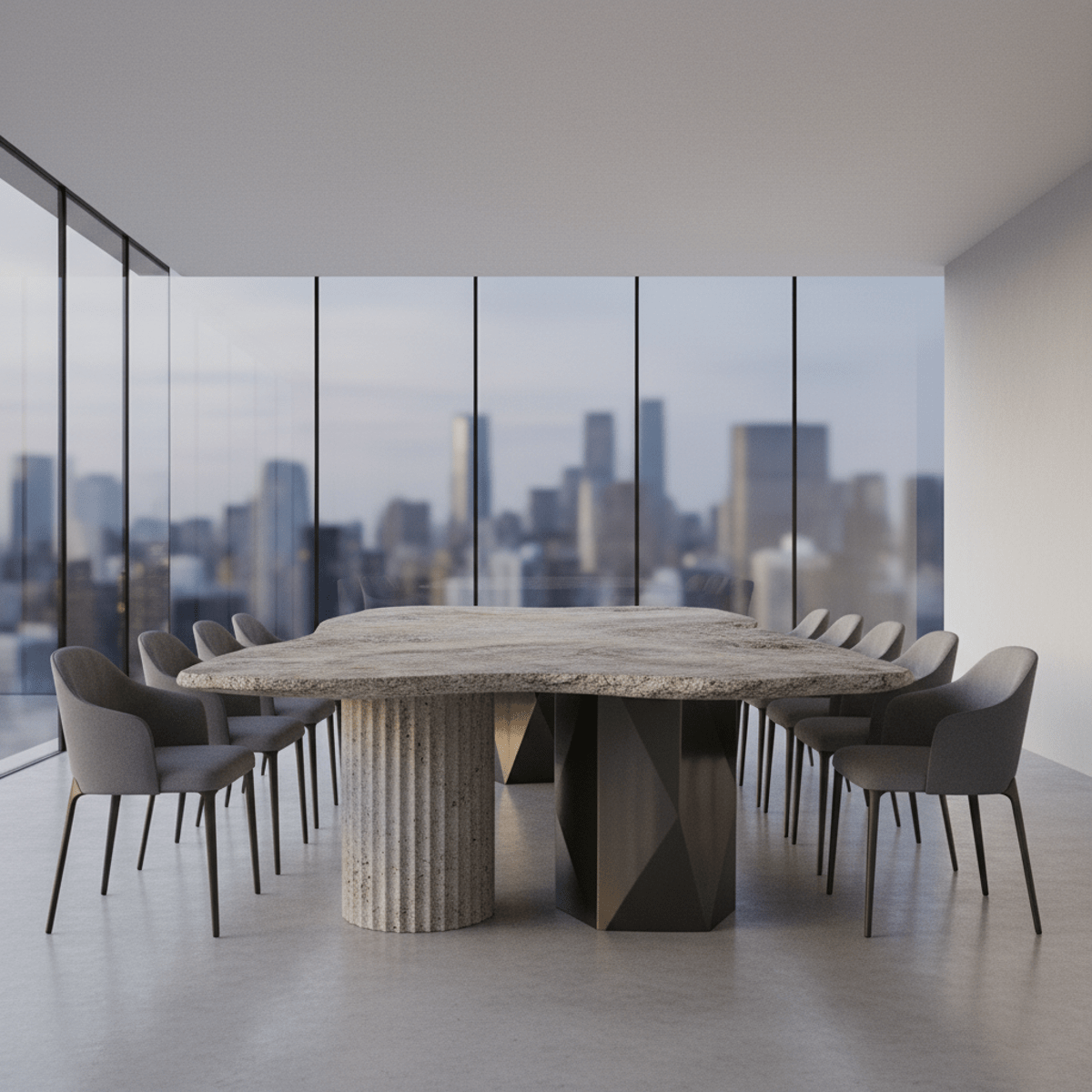 Modern dining table with stone top and geometric bases Futuristic dining table with natural stone top on geometric concrete and bronze bases.