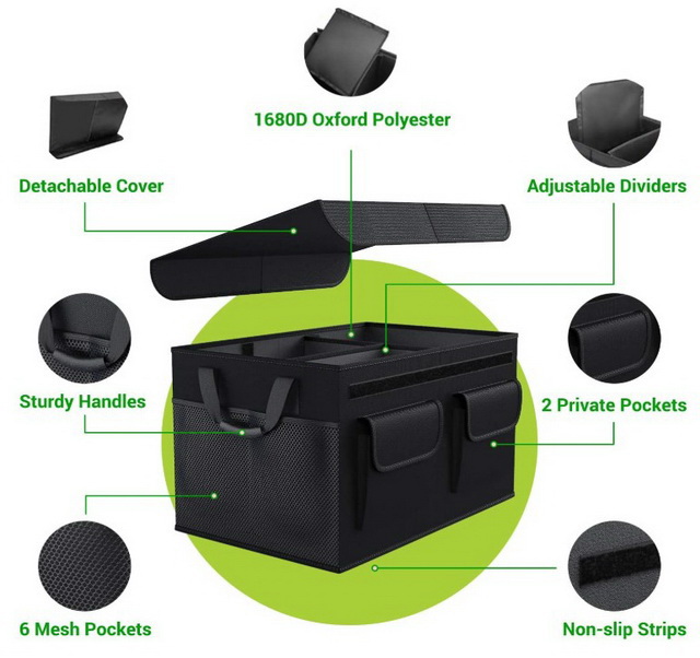 Scatola organizer per bagagliaio per auto di grande capacità, robusta, in poliestere 600D di alta qualità con coperchio per SUV