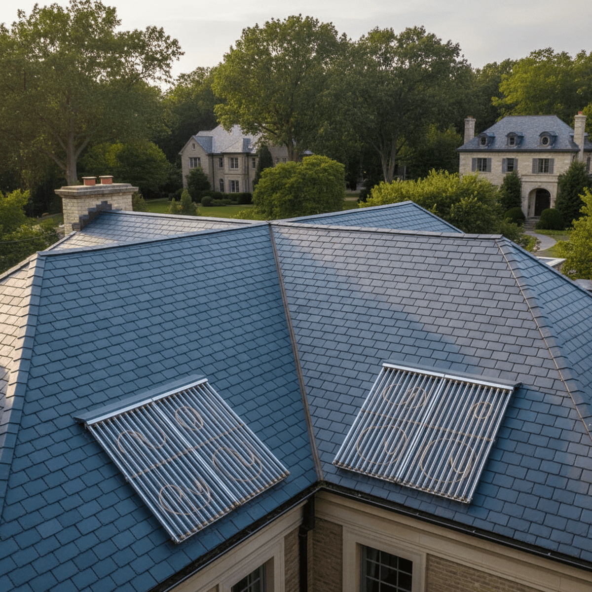 Luxurious historic home roof with classic slate tiles and integrated solar thermal heaters.