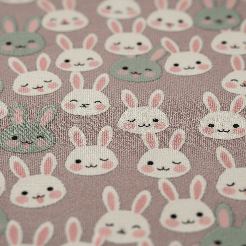 Playful bunny tongue pattern on soft woven textile in pastel colors.