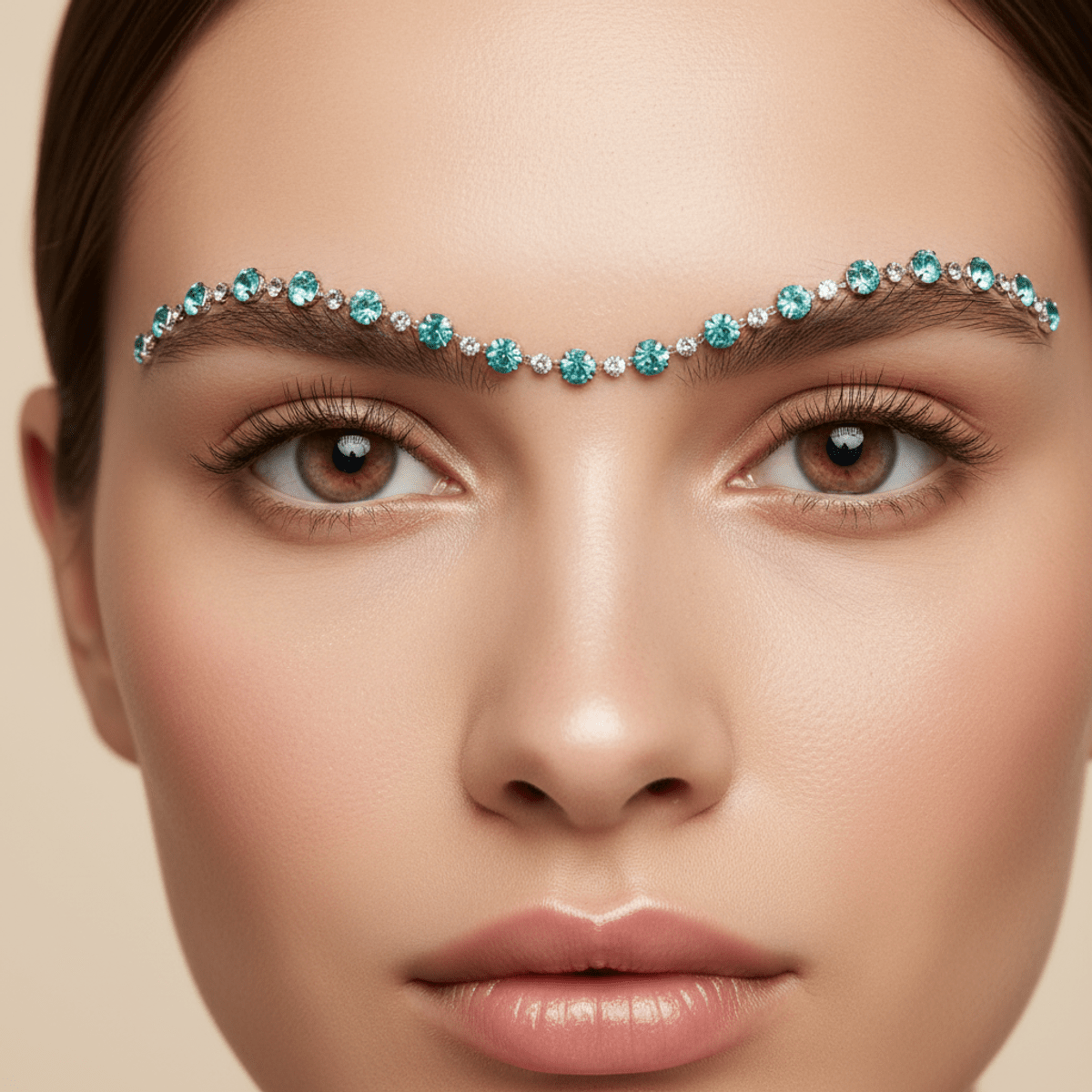 Close-up of a face with a delicate gemstone unibrow, minimalist high-fashion editorial style.