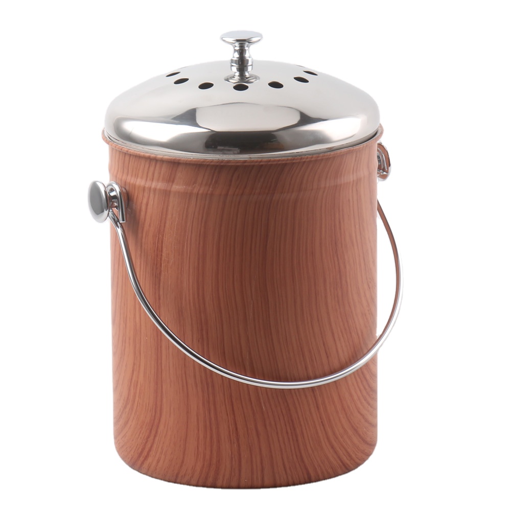 2021 new woodgrain coating compost bin kitchen counter top compost pail with 2 filter inside