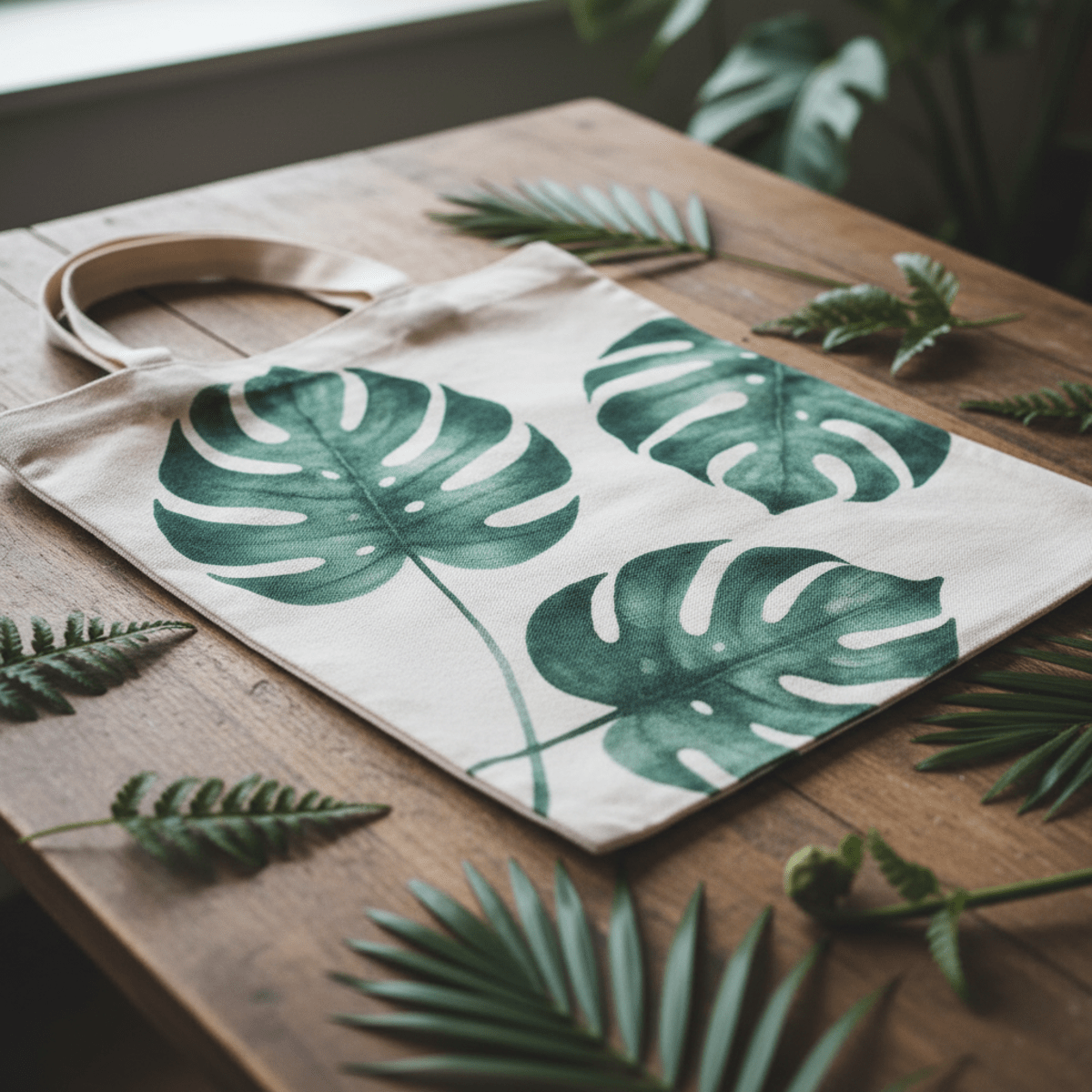 Oversized hand-painted monstera leaves on a white canvas bag with watercolor edges.