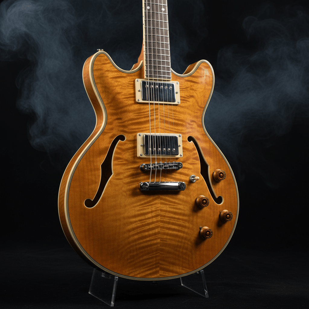 Semi-hollow baritone guitar with flamed maple top on a modern stage.