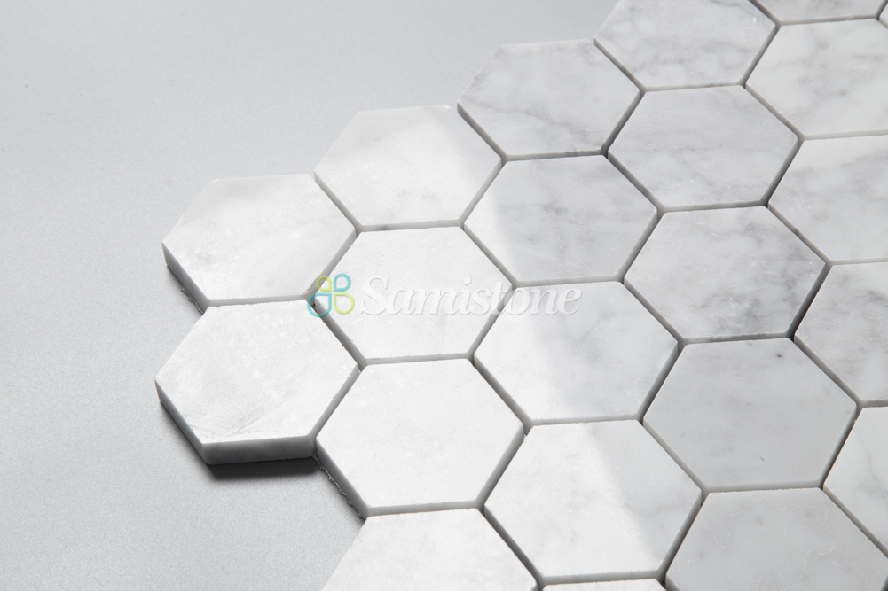 2" Polished Carrara White Hexagon Marble Mosaic Tile