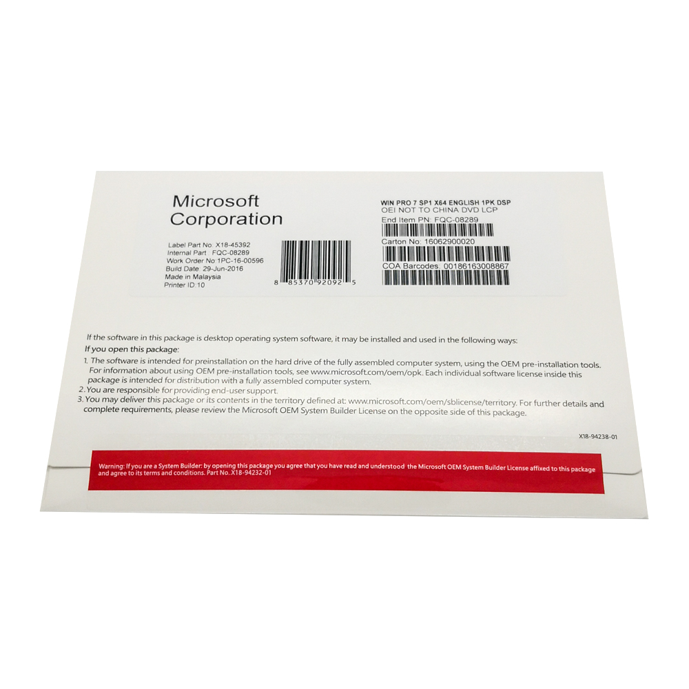 Microsoft Genuine Windows 7 64 bits profissional OEM DVD Com Etiqueta COA