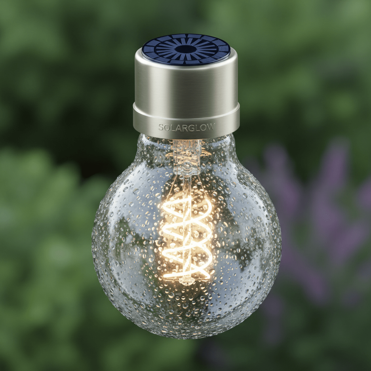 Solar-powered vintage Edison bulb with integrated solar cells glowing brightly.