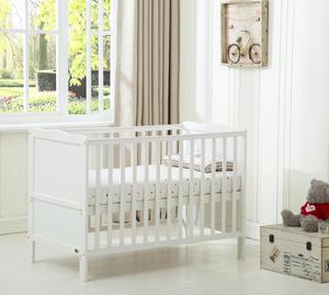 white wooden cot bed with mattress