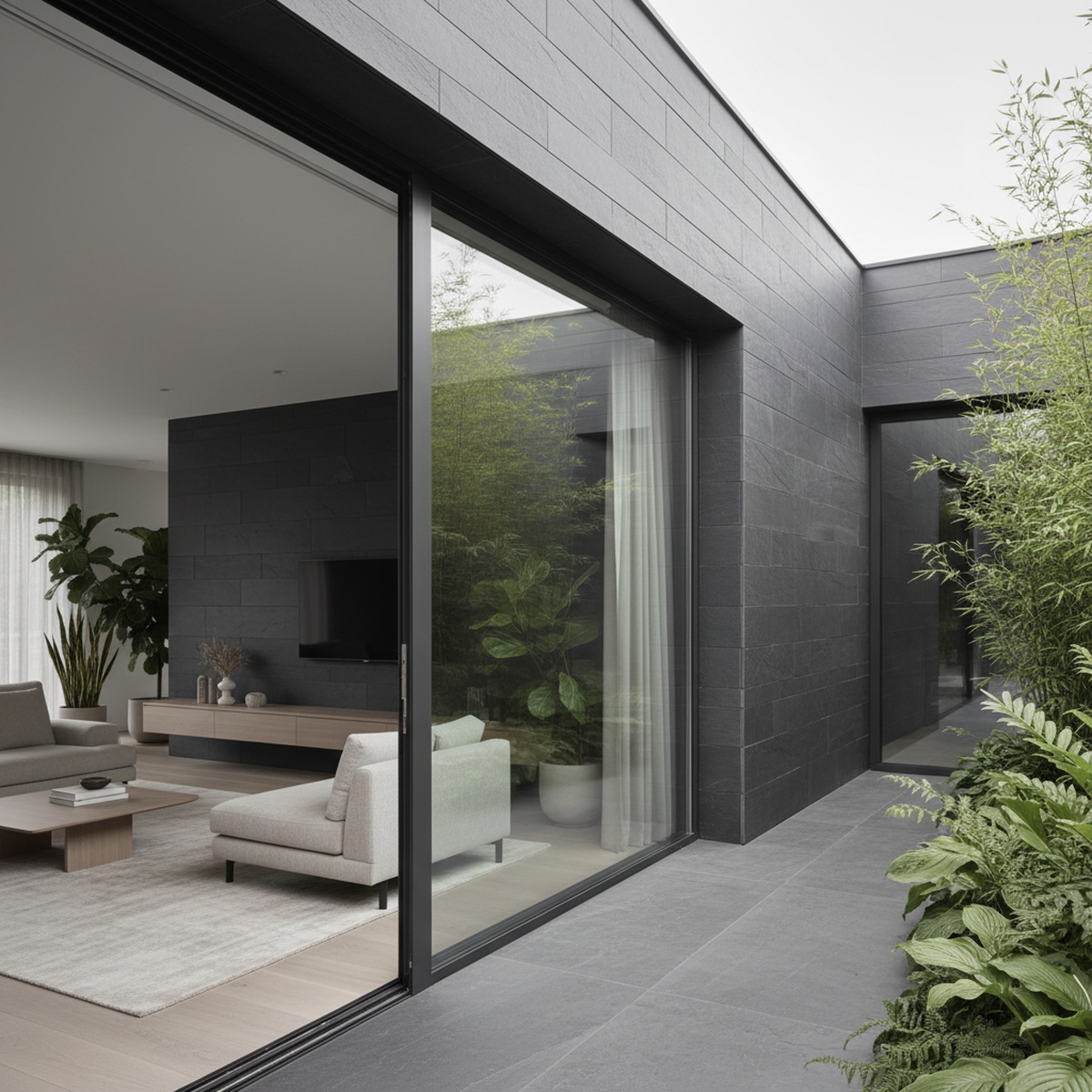 Modern living room with continuous carbon slate panels flowing onto patio.