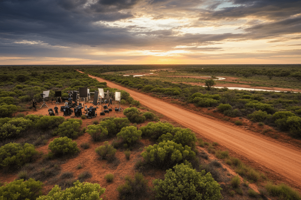 Wide shot of a remote Northern Territory road surrounded by lush vegetation under dramatic skies, ideal for large-scale film production setups