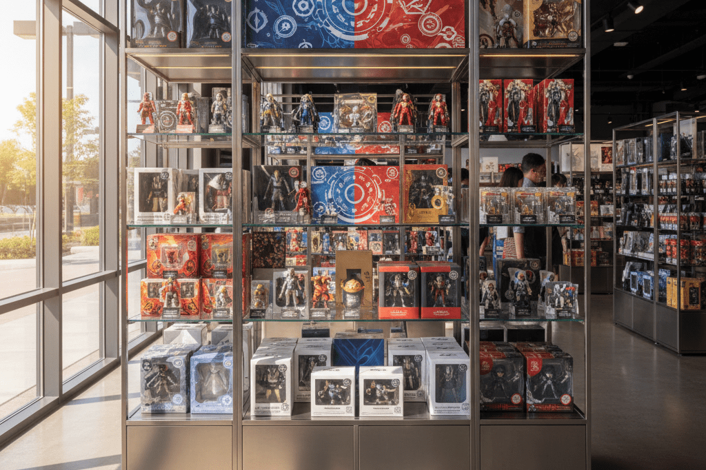 Wide-angle photo of themed retail shelves featuring crossover-inspired collectibles under natural ambient lighting