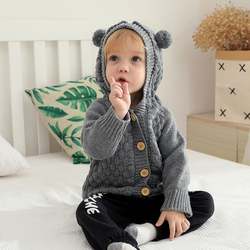 Babies Knitwear Coat Long Sleeve Plain Color Knit Cardigan Hooded with Animal Ears