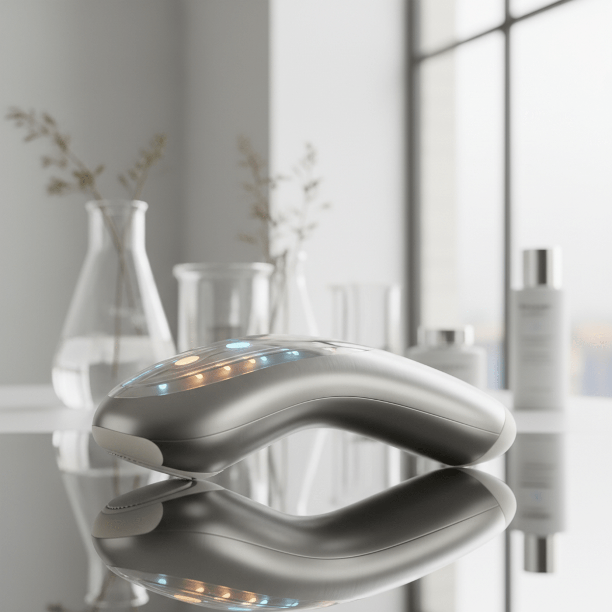 Close-up of a sleek RF wrinkle remover wand with titanium and ceramic details.