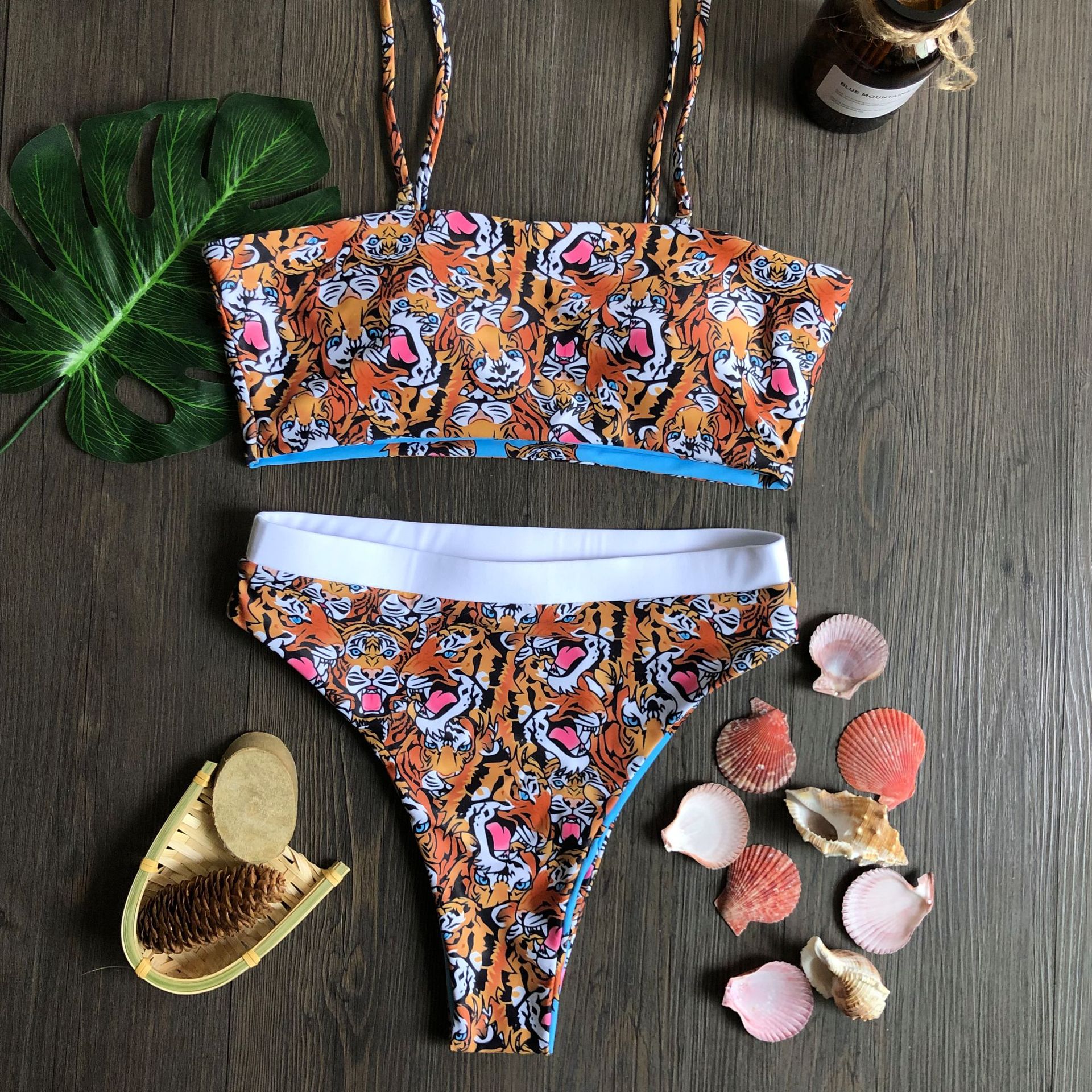 虎纹高腰细绳比基尼天蓝色泳装极致微型迷你比基尼