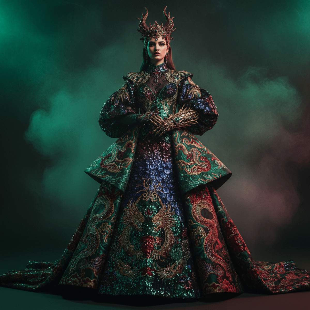 Maximalist gown with iridescent dragon scales, mystical smoke, and jewel tones.
