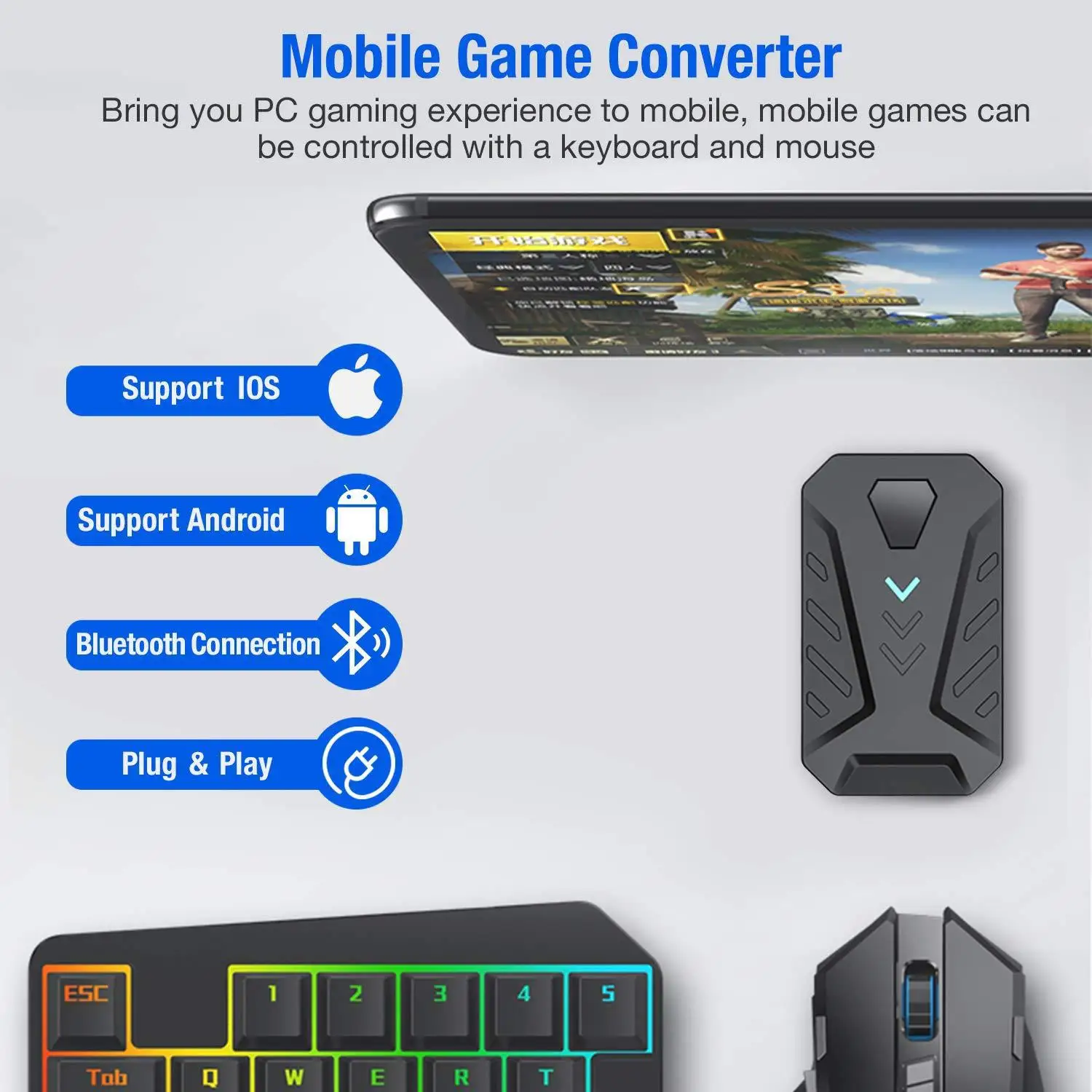 For ( IOS & Android ) 4in1 Gaming Mouse + Keyboard + Converter Adapter + Phone Holder For Game PUBG Eating Chicken