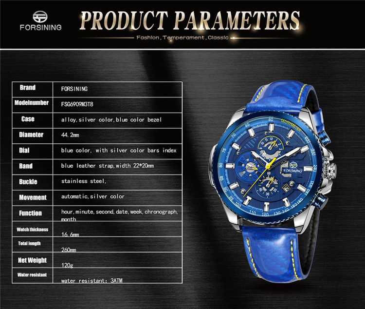 Мужские автоматические механические наручные часы Forsining 6909, высококачественные многофункциональные аналоговые часы с хронографом