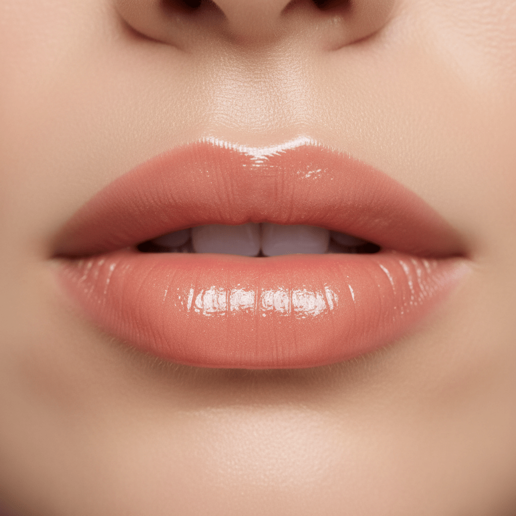 Plump peachy-pink lips with high-shine gloss and subtle texture.