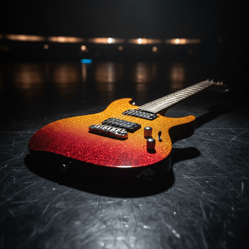 Baritone guitar with bold metalflake finish, fading from crimson to amber under stage lights.