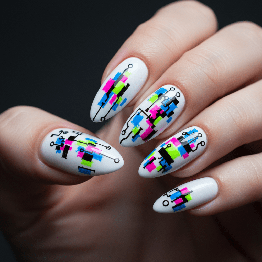 Trendy almond nails with digital glitch designs in neon colors and geometric shapes.