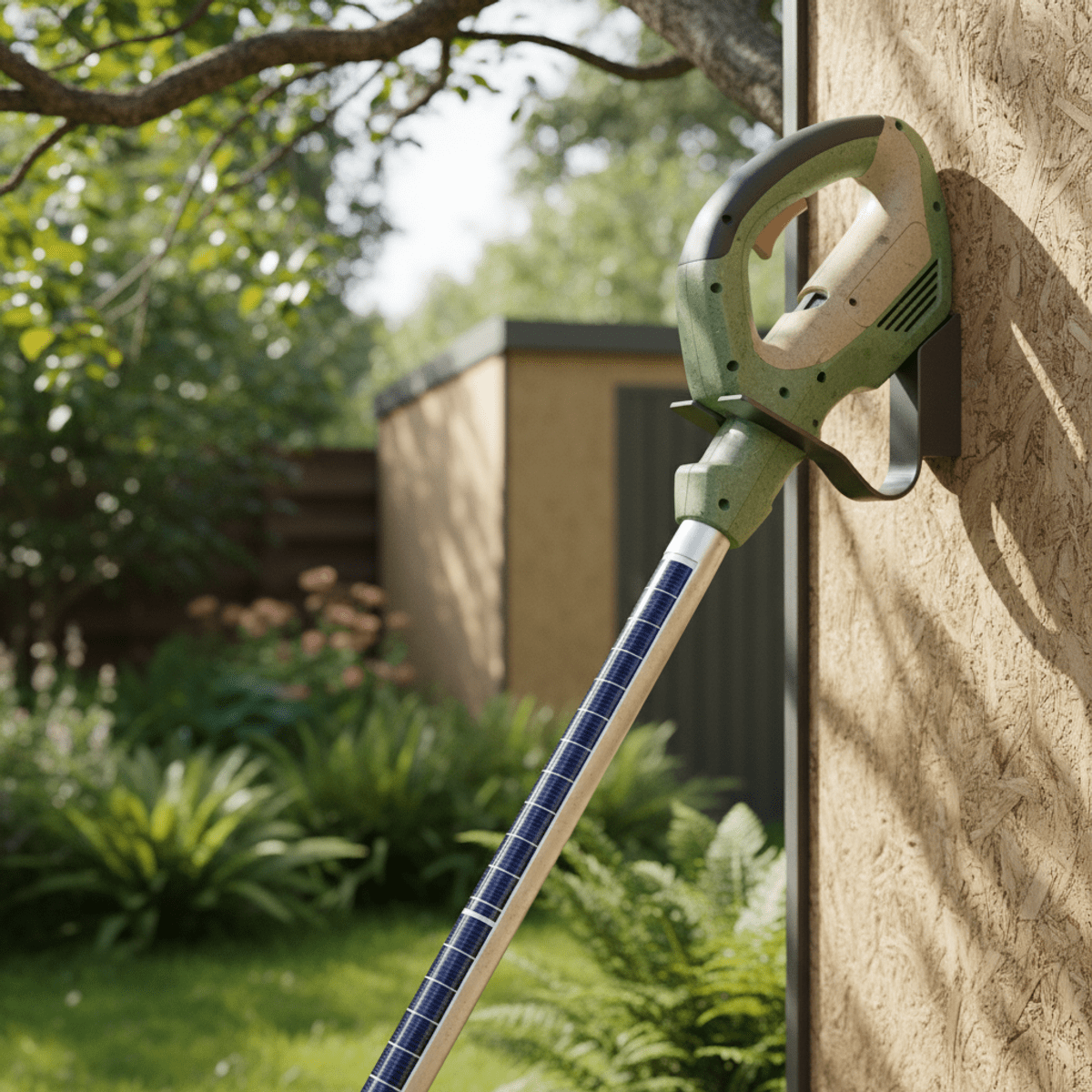 Eco-friendly whipper snipper with solar strips charging on a backyard station.