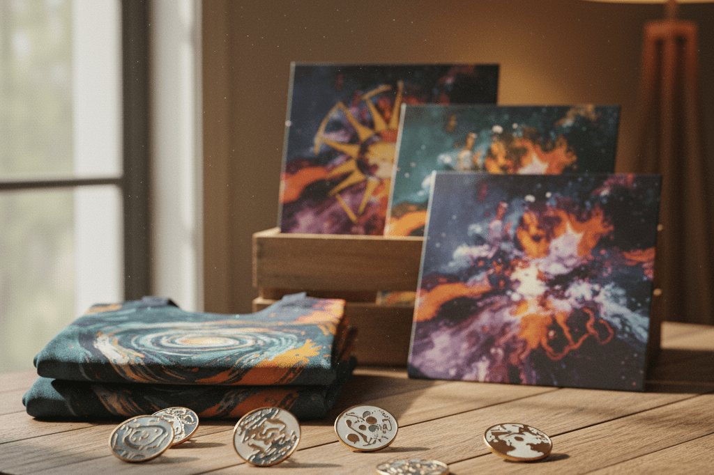 Close-up view of unique enamel pins, tote bags, and vinyl records arranged on a wooden table, lit by soft ambient light, highlighting exclusivity